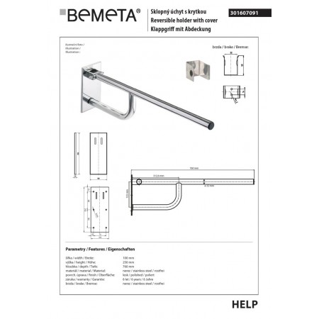 Bemeta HELP Uchwyt składany stal nierdzewna 760mm z osłoną 301607091$K