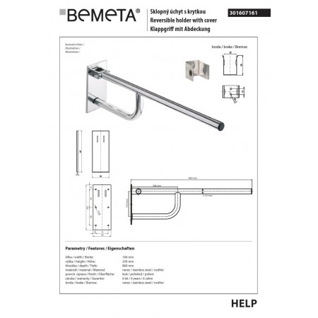 Bemeta HELP Uchwyt składany ze stali nierdzewnej 850mm z osłoną 301607161$K