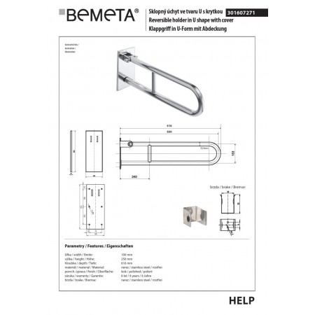 Bemeta HELP Uchwyt składany w kształcie litery U 600 mm stal nierdzewna z pokrywą 301607271$K