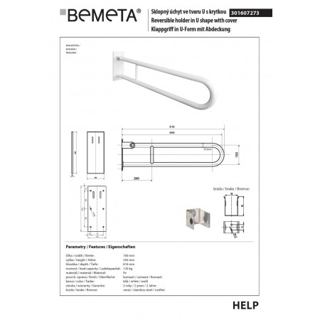 Bemeta HELP Uchwyt składany w kształcie litery U 600 mm biały z osłoną 301607273$K