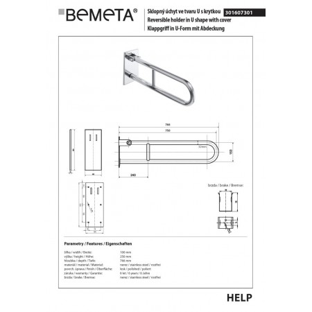 Bemeta HELP Uchwyt składany w kształcie litery U 750 mm stal nierdzewna z pokrywą 301607301$K