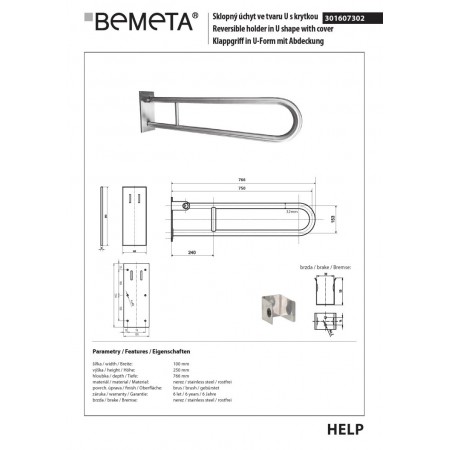 Bemeta HELP Uchwyt składany w kształcie litery U 750 mm matowy z osłoną 301607302$K