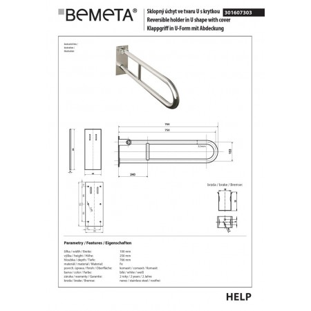 Bemeta HELP Uchwyt składany w kształcie litery U 750 mm biały z osłoną 301607303$K