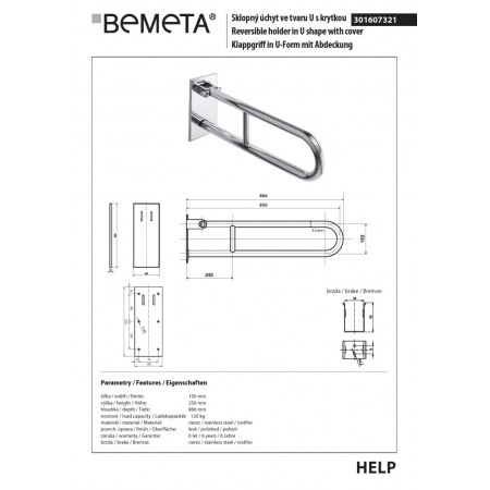 Bemeta HELP Uchwyt składany w kształcie litery U 850 mm stal nierdzewna z pokrywą 301607321$K