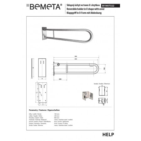 Bemeta HELP składany uchwyt w kształcie litery U 850 mm matowy z osłoną 301607322$K