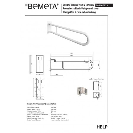 Bemeta HELP Uchwyt składany w kształcie litery U 850 mm biały z osłoną 301607323$K