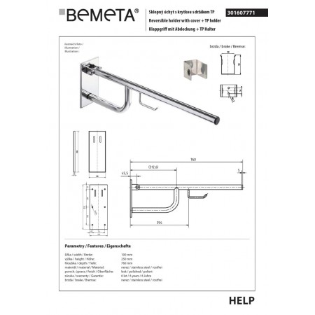 Bemeta HELP Składany uchwyt ze stali nierdzewnej z pokrywą i uchwytem TP 760mm 301607771$K