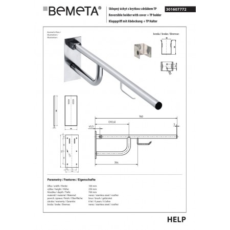 Bemeta HELP Uchwyt składany z pokrywą i uchwytem TP 760mm 301607772$K