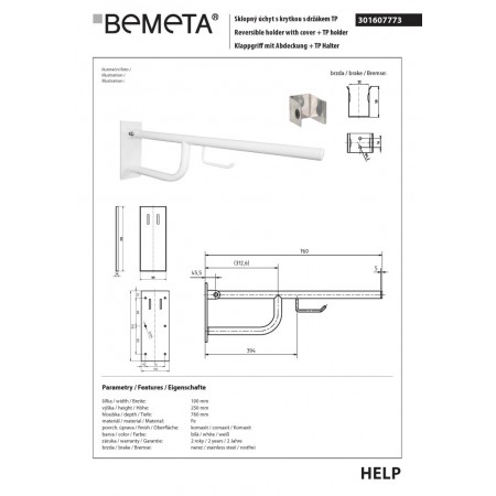 Bemeta HELP Uchwyt składany biały z osłoną i uchwytem TP 760mm 301607773$K