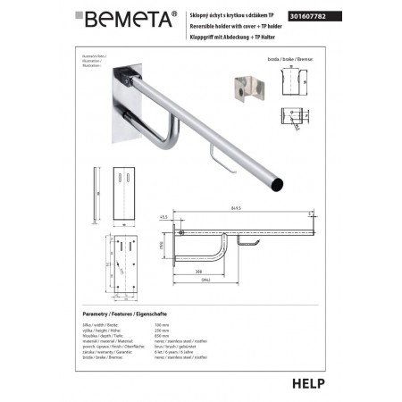 Bemeta HELP Uchwyt składany ze stali nierdzewnej 850mm z pokrywą i uchwytem TP - matowy 301607782$K