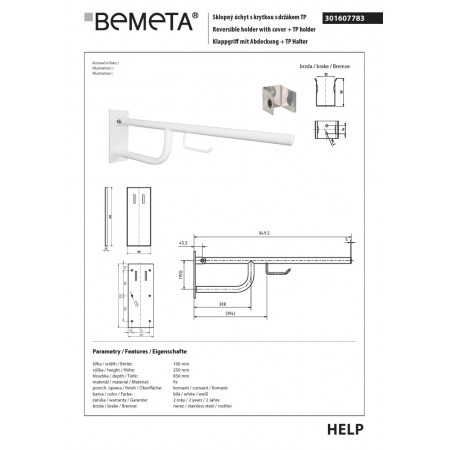 Bemeta HELP Uchwyt składany biały 850mm z osłoną i uchwytem TP 301607783$K