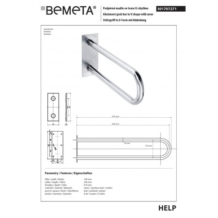 Bemeta HELP Uchwyt w kształcie litery U 600 mm stal nierdzewna z pokrywą 301707271$K