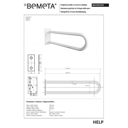 Bemeta HELP Uchwyt w kształcie litery U 600 mm biały z osłoną 301707273$K