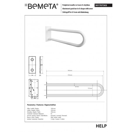 Bemeta HELP Uchwyt w kształcie litery U 750 mm biały z osłoną 301707303$K