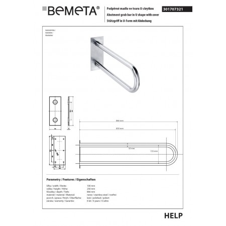 Bemeta HELP Uchwyt w kształcie litery U 850 mm stal nierdzewna z pokrywą 301707321$K