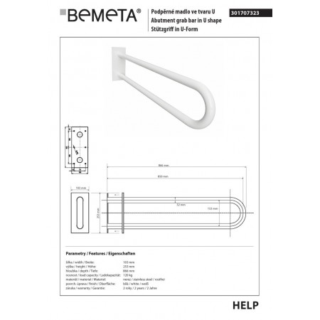 Bemeta HELP Uchwyt w kształcie litery U 850 mm biały z osłoną 301707323$K