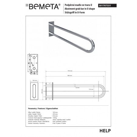 Bemeta HELP Uchwyt w kształcie litery U 900 mm stal nierdzewna z pokrywą 301707331$K