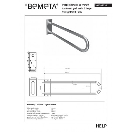 Bemeta HELP Uchwyt w kształcie litery U 900 mm matowy z osłoną 301707332$K