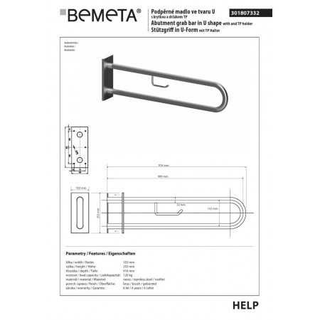 Bemeta HELP Uchwyt w kształcie litery U 900 mm matowy z pokrywą i uchwytem TP 301807332$K