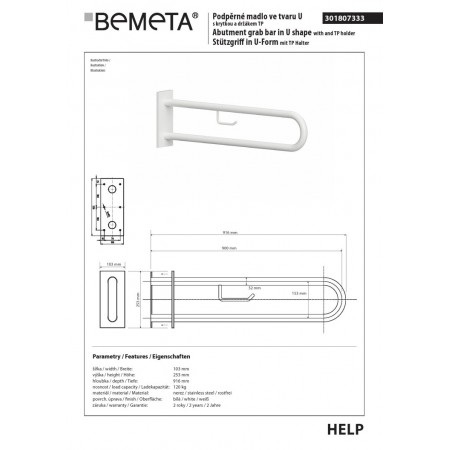 Bemeta HELP Uchwyt w kształcie litery U 900 mm biały z pokrywą i uchwytem TP 301807333$K