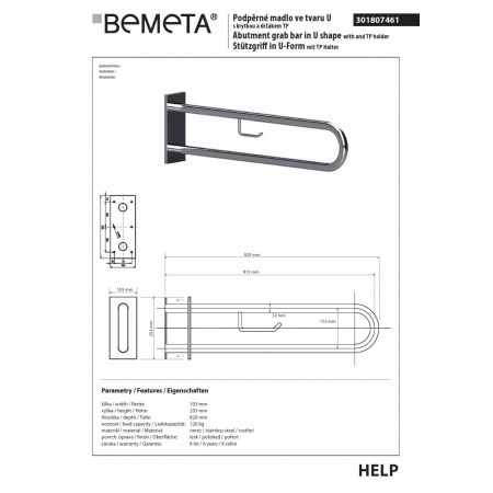 Bemeta HELP Uchwyt pomocniczy w kształcie litery U 813 mm stal nierdzewna z osłoną i uchwytem TP 301807461$K