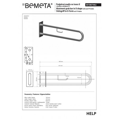 Bemeta HELP Uchwyt w kształcie litery U 813 mm stal nierdzewna szlifowana z pokrywą i uchwytem TP 301807462$K