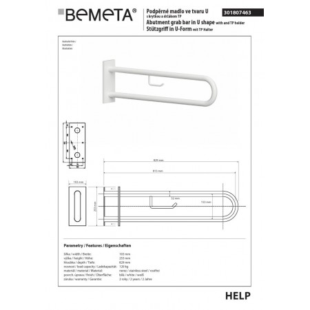 Bemeta HELP Uchwyt w kształcie litery U 813 mm biały z pokrywą i uchwytem TP 301807463$K