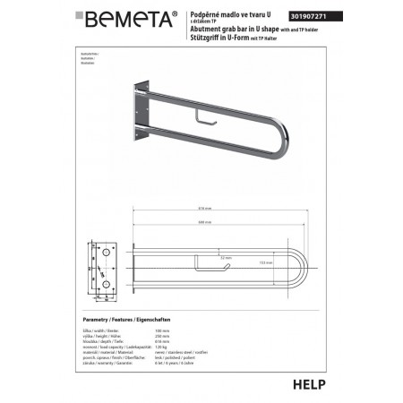 Bemeta HELP Uchwyt w kształcie litery U 600 mm stal nierdzewna z uchwytem TP 301907271$K