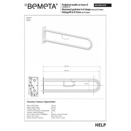 Bemeta HELP Uchwyt w kształcie litery U 600 mm biały z uchwytem TP 301907274$K