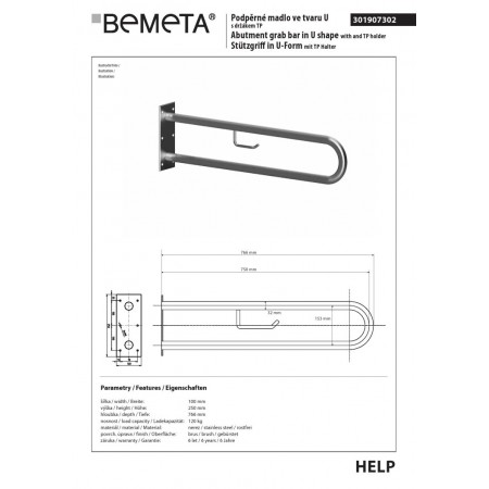 Bemeta HELP Uchwyt w kształcie litery U 750 mm stal nierdzewna szlifowana z uchwytem TP 301907302$K