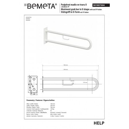 Bemeta HELP Uchwyt w kształcie litery U 750 mm biały z uchwytem TP 301907304$K