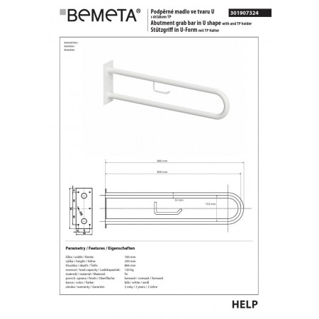 Bemeta HELP Uchwyt w kształcie litery U 850 mm biały z uchwytem TP 301907324$K