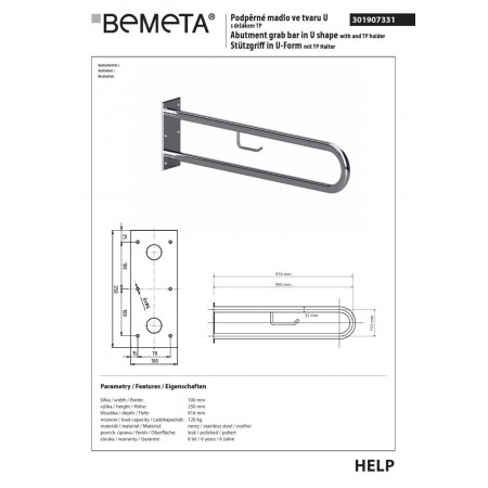 Bemeta HELP Uchwyt w kształcie litery U 900 mm stal nierdzewna błyszcząca z uchwytem TP 301907331$K