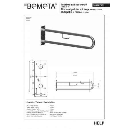 Bemeta HELP Uchwyt w kształcie litery U 900 mm stal nierdzewna szlifowana z uchwytem TP 301907332$K