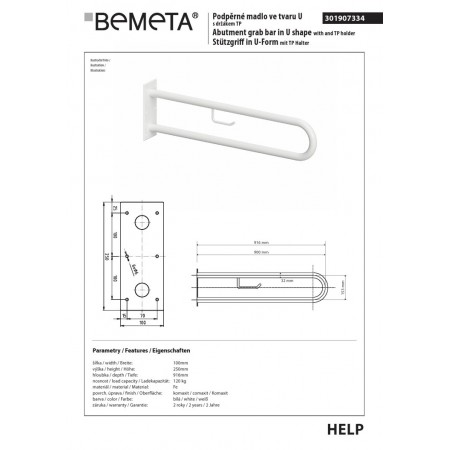 Bemeta HELP Uchwyt w kształcie litery U 900 mm biały z uchwytem TP 301907334$K