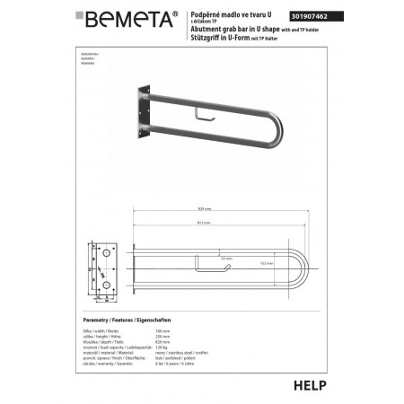 Bemeta HELP Uchwyt w kształcie litery U 813 mm stal nierdzewna szlifowana z uchwytem TP 301907462$K