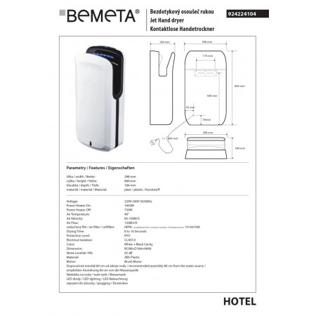 Bemeta Automatyczna suszarka do rąk z filtrem HEPA plastikowa biała 924224104$K