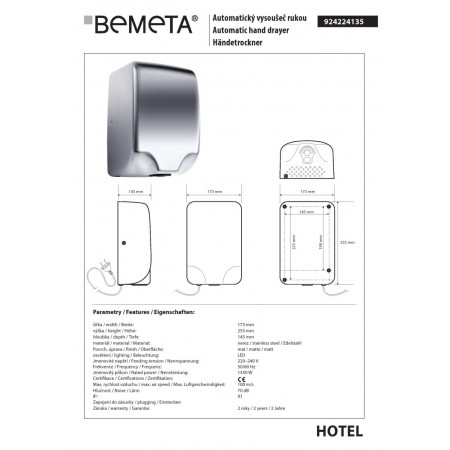 Bemeta Automatyczna suszarka do rąk -1350W stal nierdzewna szczotkowana 924224135