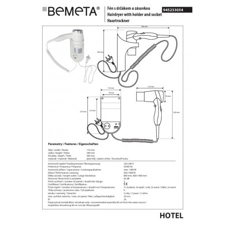 Bemeta suszarka do włosów do montażu naściennego 1400W 945233054