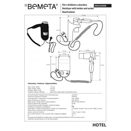 Bemeta suszarka do włosów do montażu naściennego 1400W 945233058