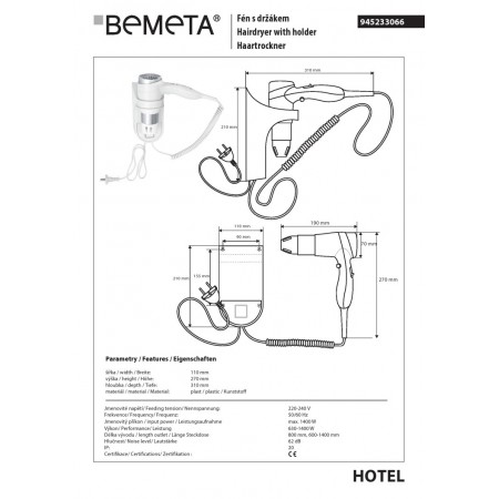 Bemeta suszarka do włosów do montażu naściennego 1400W 945233066