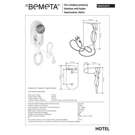 Bemeta suszarka do włosów do montażu naściennego 1400W 945533074