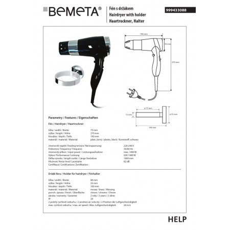 Bemeta suszarka do włosów 1400W czarna zestaw z uchwytem omega 999433088