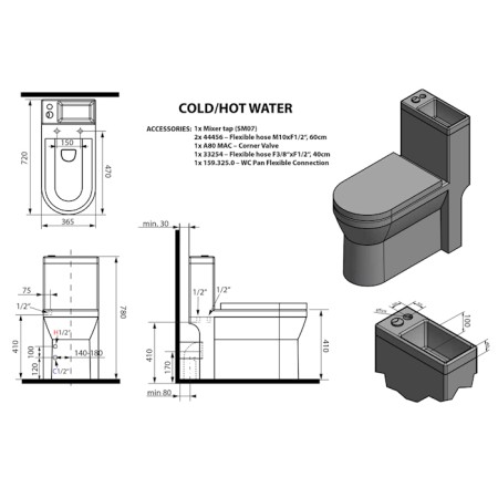 Aqualine HYGIE kompakt WC z umywalką , tylny/dolny odpływ PB104W