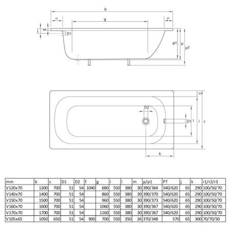 SMAVIT Prostokątna wanna emaliowana 150x70x39cm biała V150X70