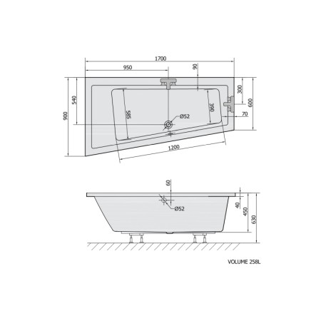 Polysan ANDRA L wanna asymetryczna 170x90x45cm szary 81111.30