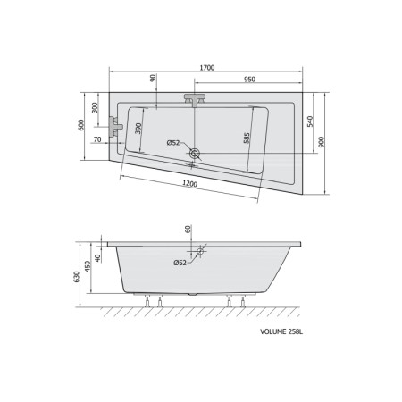 Polysan ANDRA R wanna asymetryczna 170x90x45cm szary 81511.30