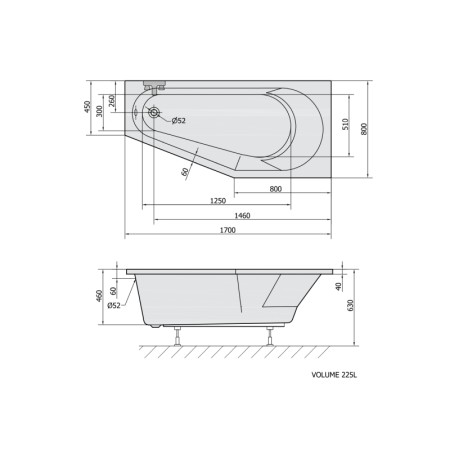 Polysan TIGRA R wanna asymetryczna 170x80x46cm prawa biała mat 90611.11
