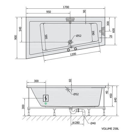 Polysan Andra L wanna z hydromasażem 170x90x45cm Highline Hydro chrom 81111.5010