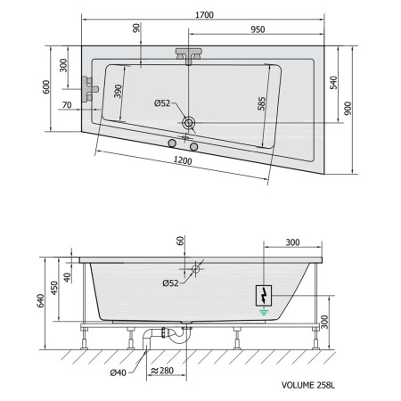Polysan Andra R wanna z hydromasażem 170x90x45cm Highline Hydro-Air chrom 81511.6010